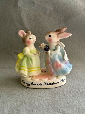 The Day I Made Presidents Club Avon Figurine Bunny & Mouse Pastel Ceramic 1980